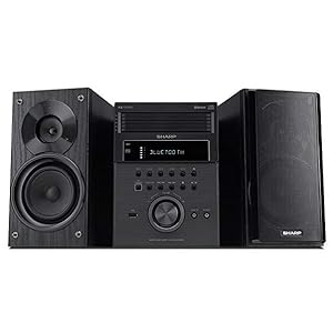 Sharp XL-BH250 5-disc micro shelf system in black featuring Bluetooth and two matching speakers.