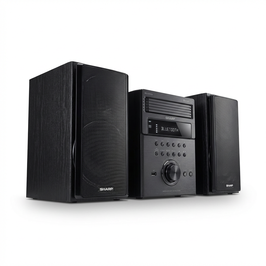 Photorealistic studio product shot of the Sharp XL-BH250 micro shelf system. The main unit and two speakers are angled left, centered on a white background with a soft natural shadow.