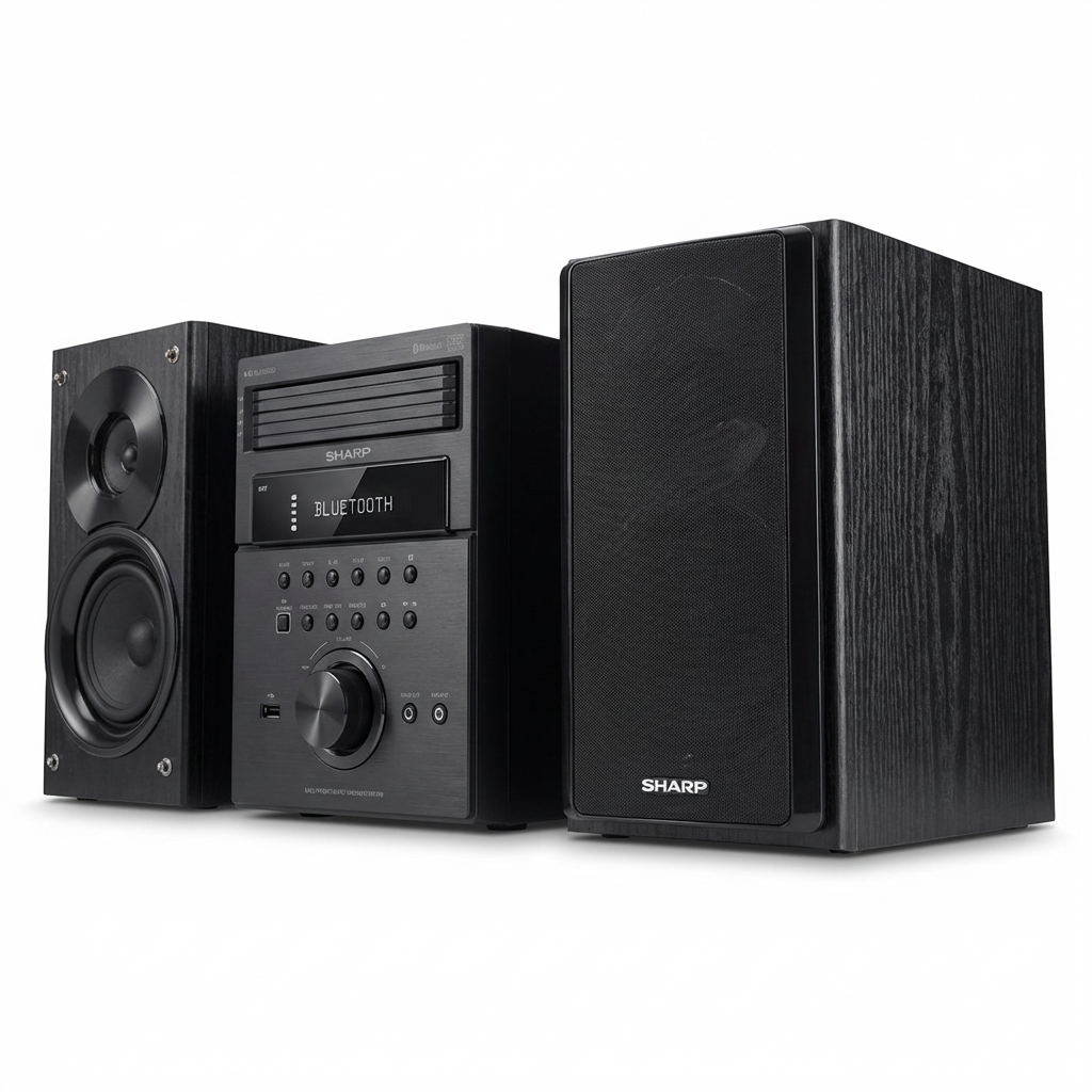 A photorealistic studio shot of the black SHARP XL-BH250 micro shelf system, including the central unit and two speakers, angled to the right on a white background with a soft shadow.