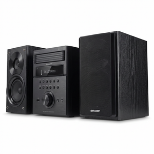 A photorealistic studio shot of the black SHARP XL-BH250 micro shelf system, including the central unit and two speakers, angled to the right on a white background with a soft shadow.