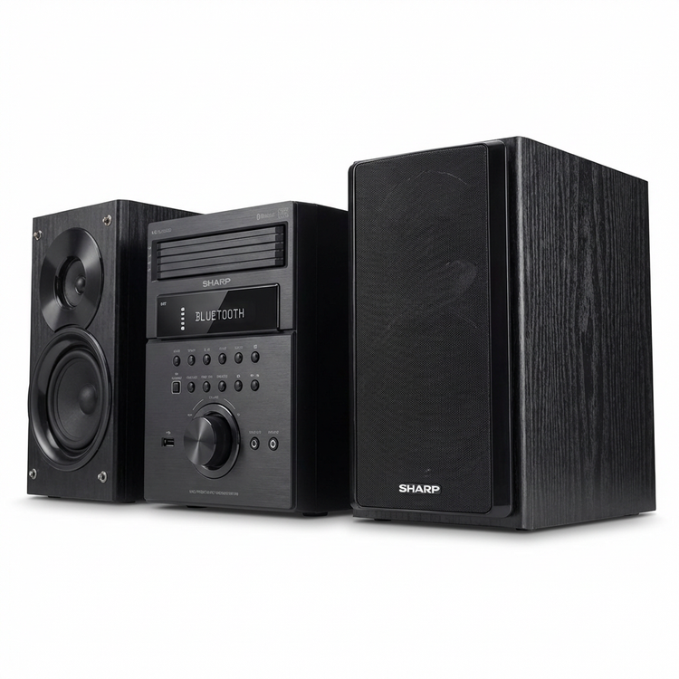 A photorealistic studio shot of the black SHARP XL-BH250 micro shelf system, including the central unit and two speakers, angled to the right on a white background with a soft shadow.