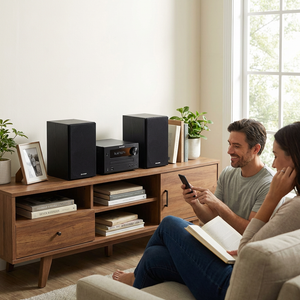 A couple enjoys music on the Sharp XL-BH250 micro system, controlled via smartphone, in a sunlit living room.