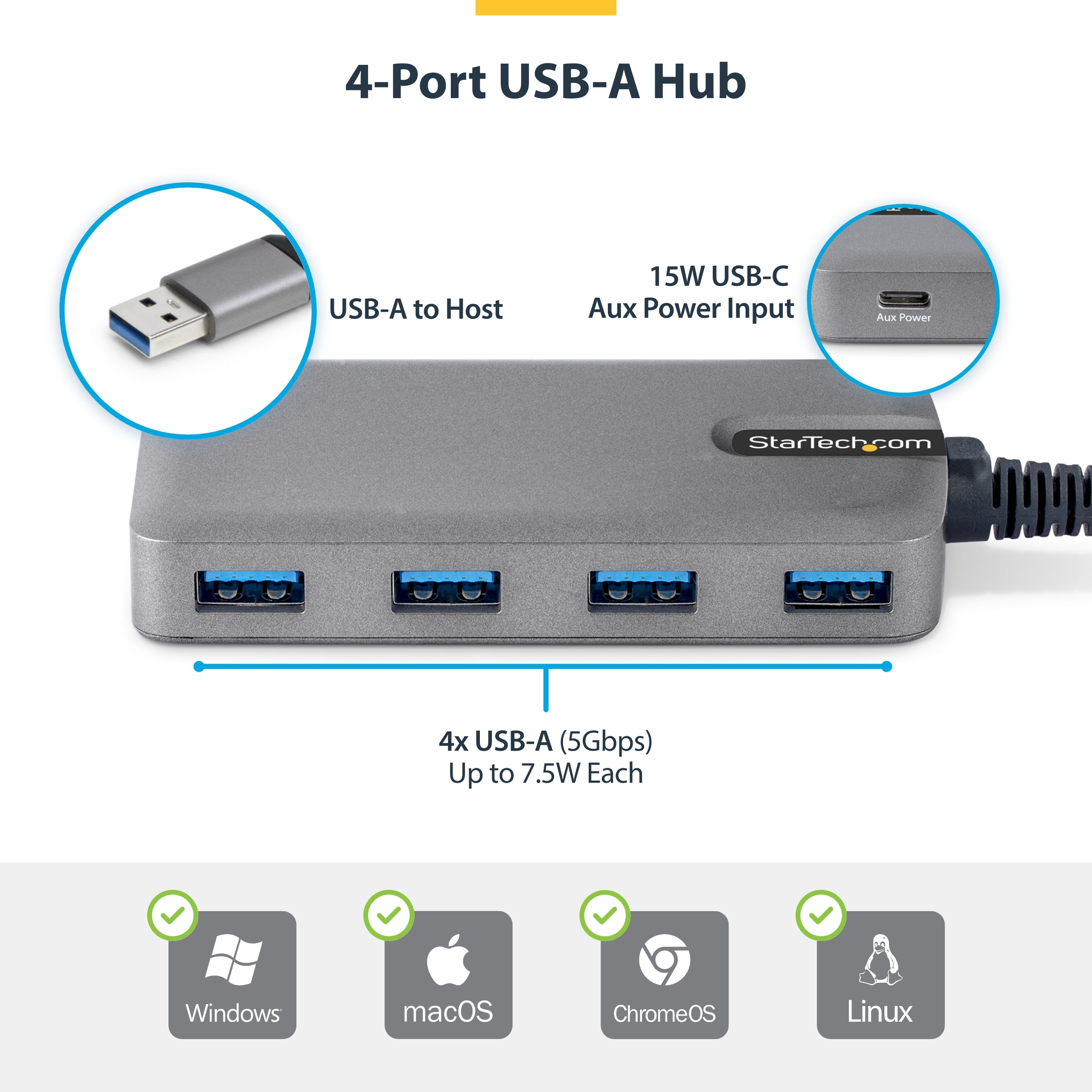 StarTech.com 5G4AC-USB-A-HUB hub & concentrateur USB 3.2 Gen 1 (3.1 Gen 1) Type-A 5000 Mbit/s Gris - Image 5