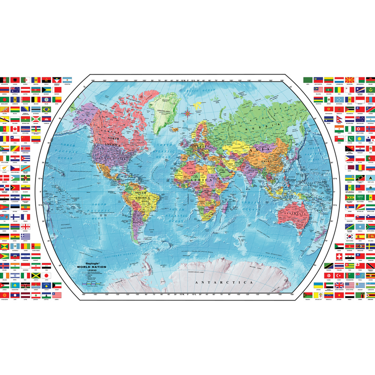 Présentoir de Carte du Monde avec Carte du Monde (Français) 49"/124,5 cm X 33"/84 cm, 18 Cartes par Présentoir.
