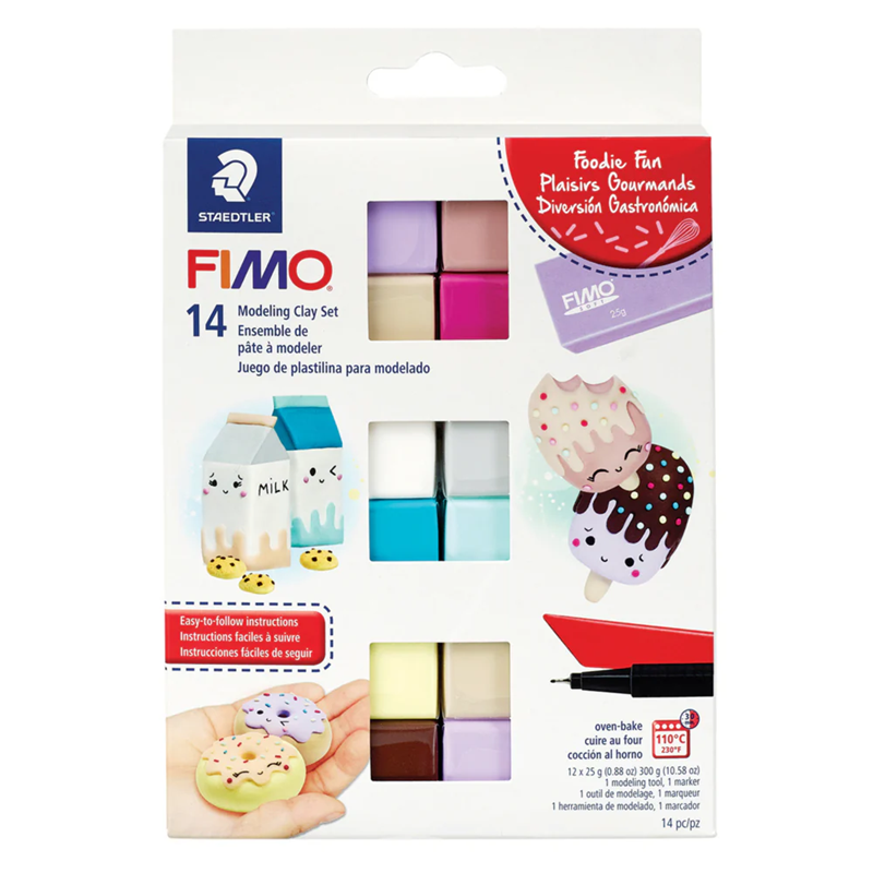 Set Pâte à Modeler Fimo Soft Foodie Fun, Pack de 12 Couleurs, 1 Marqueur Permanent, 1 Outil de Modelage