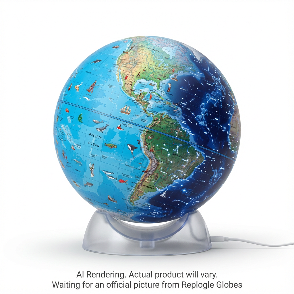 Globe Terrestre Lumineux de Bureau Enfant Jour/Nuit, Océan Bleu, Diamètre 12"/30cm