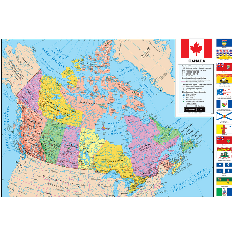 Canada 49"/124,5Cm X 33"/84Cm Carte Murale (Anglais/Français)