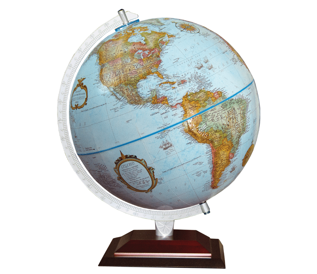 Globe de bureau Replogle Océan Bleu de 12 po/30 cm de diamètre avec socle en bois et semi-méridien moulé sous pression (Anglais)