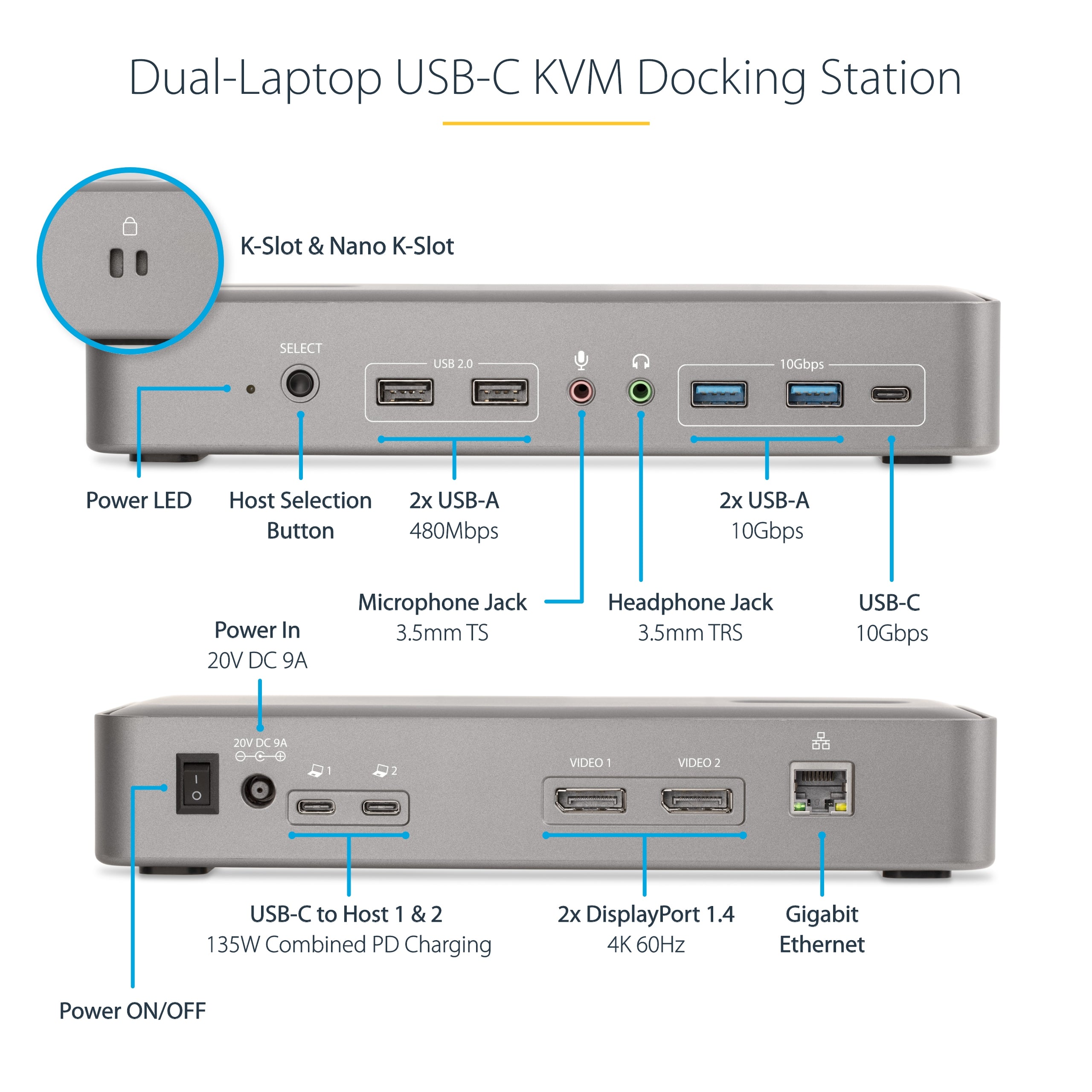 StarTech.com 129N-USBC-KVM-DOCK station d'accueil Avec fil USB 3.2 Gen 2 (3.1 Gen 2) Type-C Argent - Image 11