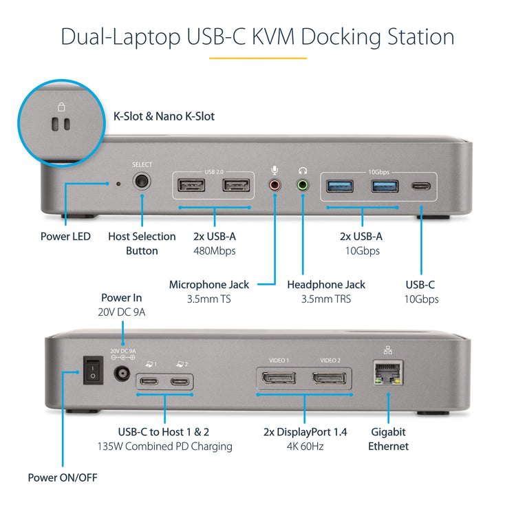 StarTech.com 129N-USBC-KVM-DOCK station d'accueil Avec fil USB 3.2 Gen 2 (3.1 Gen 2) Type-C Argent - Image 11